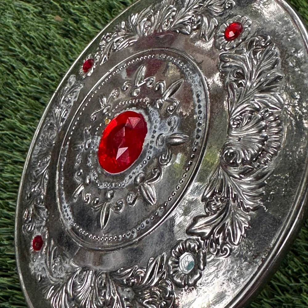 Godinger Silver Plated Hand Vanity Mirror w/ Red‎ Jewels Vintage Decor